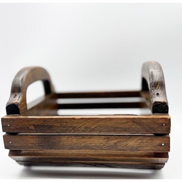 Vintage Wooden Slat Basket w/ Handles Hand Painted Outdoor Farm Scene Dark Wood - Picture 3 of 10